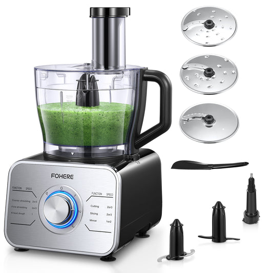 FOHERE 12 Cup Food Processor, Multi-functional Vegetable Cutter, 3 Speeds 6 Main Functions with Chopper Blade, Dough Blade, Shredder, Slicing Attachments, Silver