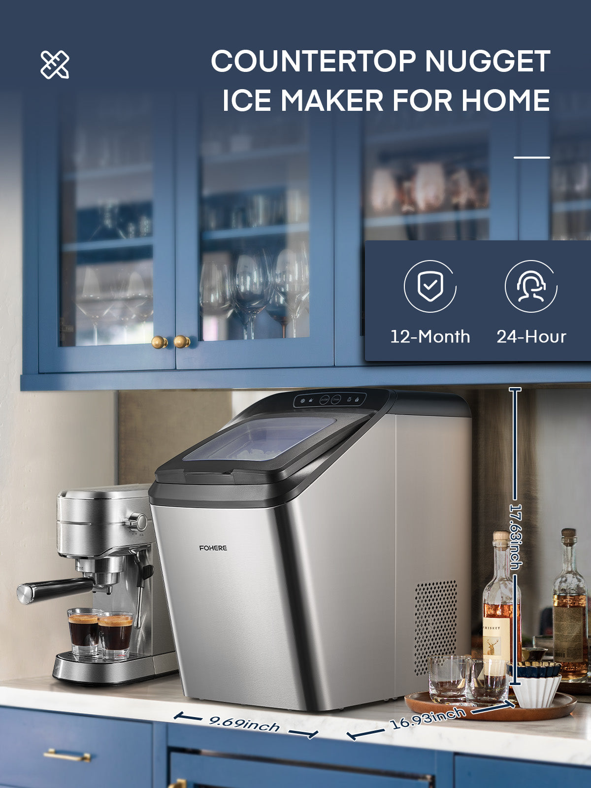Nugget Ice Maker Countertop, 30Lbs Pebble Ice per Day, Self-Cleaning Pellet Ice Maker with Ice Scoop and Basket for Home/Kitchen/Camping/RV (Stainless Steel)
