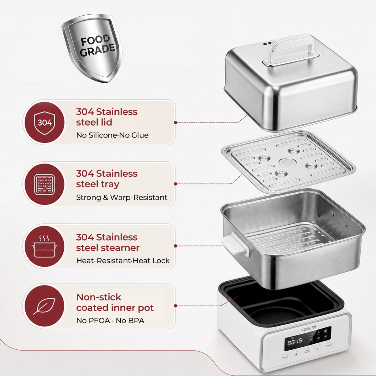 FOHERE Food Steamer for cooking 12.7QT Double Tier Stainless Steel Vegetable Steamer with Digital Timer, 8 Preset Menus,1200W