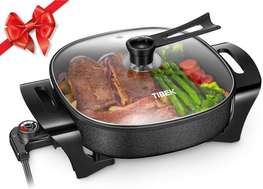 Electric Skillet, 12 Inch Deep Non Stick Electric Frying Pan with Standable Glass Lid, 3 Marked Heating Levels, Heat Resistant Handles and Dishwasher Safe, 1360W, Black, 6x12x2.8 inch
