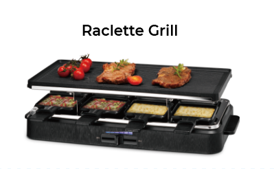 Raclette-Grill für 8 Personen, antihaftbeschichtete Grillplatte, Raclette mit 8 Mini-Raclette-Pfännchen, stufenlos einstellbare Temperatur, 1500W