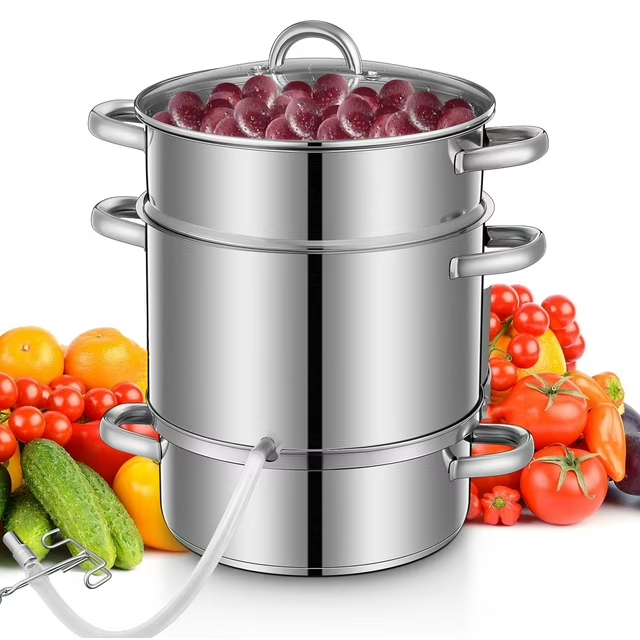 FOHERE 8,5 Liter Dampfentsafter mit Glasdeckel, Schlauch, Klemme für Saft, Marmeladen, Silber