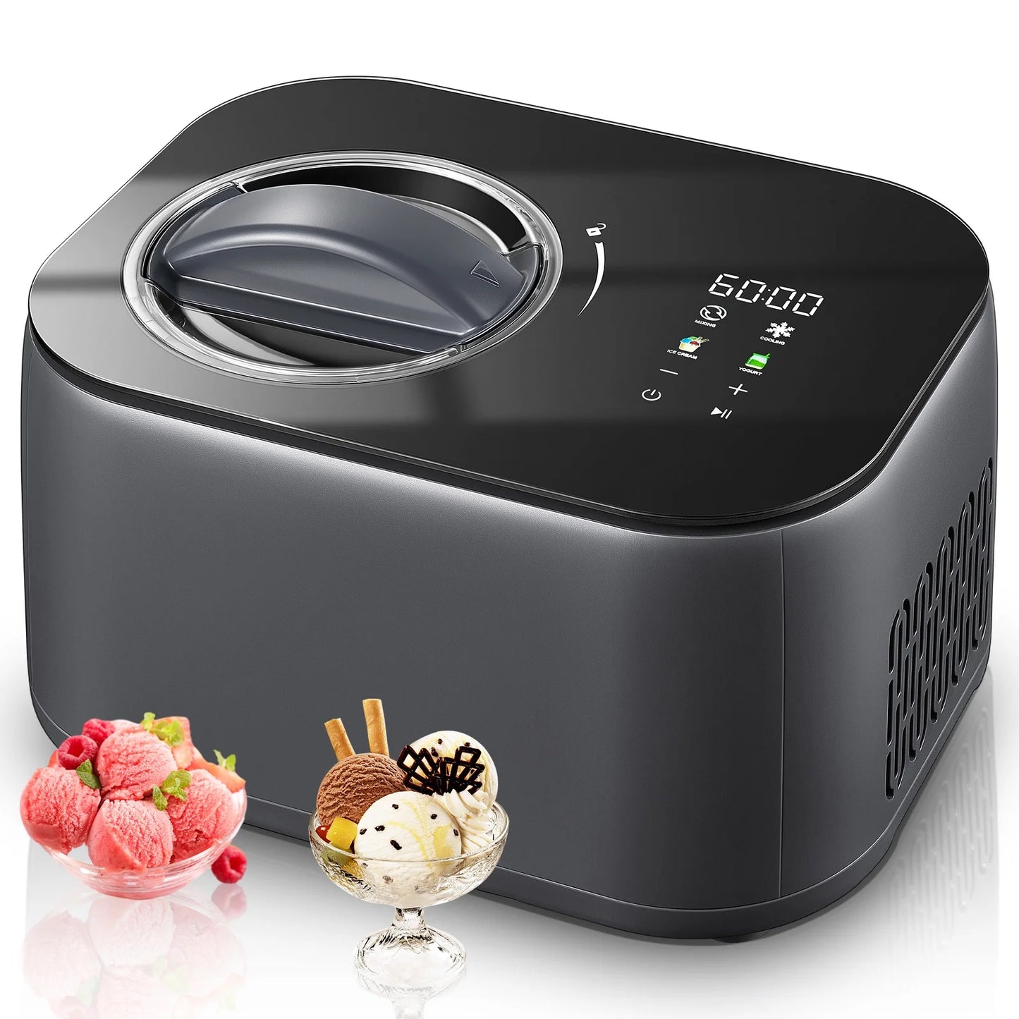 FOHERE 1,2L Eismaschine mit Kompressor, kein Vorfrieren, 4 Modi, Warmhaltefunktion, LCD-Display & Timer, Frozen Yogurt Maschine für Eiscreme/Joghurt/Gelato/Sorbet