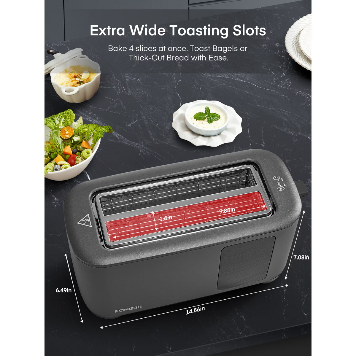4 Slice Smart Toaster, LCD and Touchscreen, 6 Bread Types & Shade Settings, Retractable Warming Rack, Cancel/Defrost/Reheat Functions, 1400W