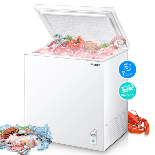 FOHERE 7.0 Cu.Ft Chest Freezer, Compact Deep Freezer with Three Removable Basket, Free Standing Top Open Door, Adjustable Temperature, For Kitchen Garage Office Bar, White