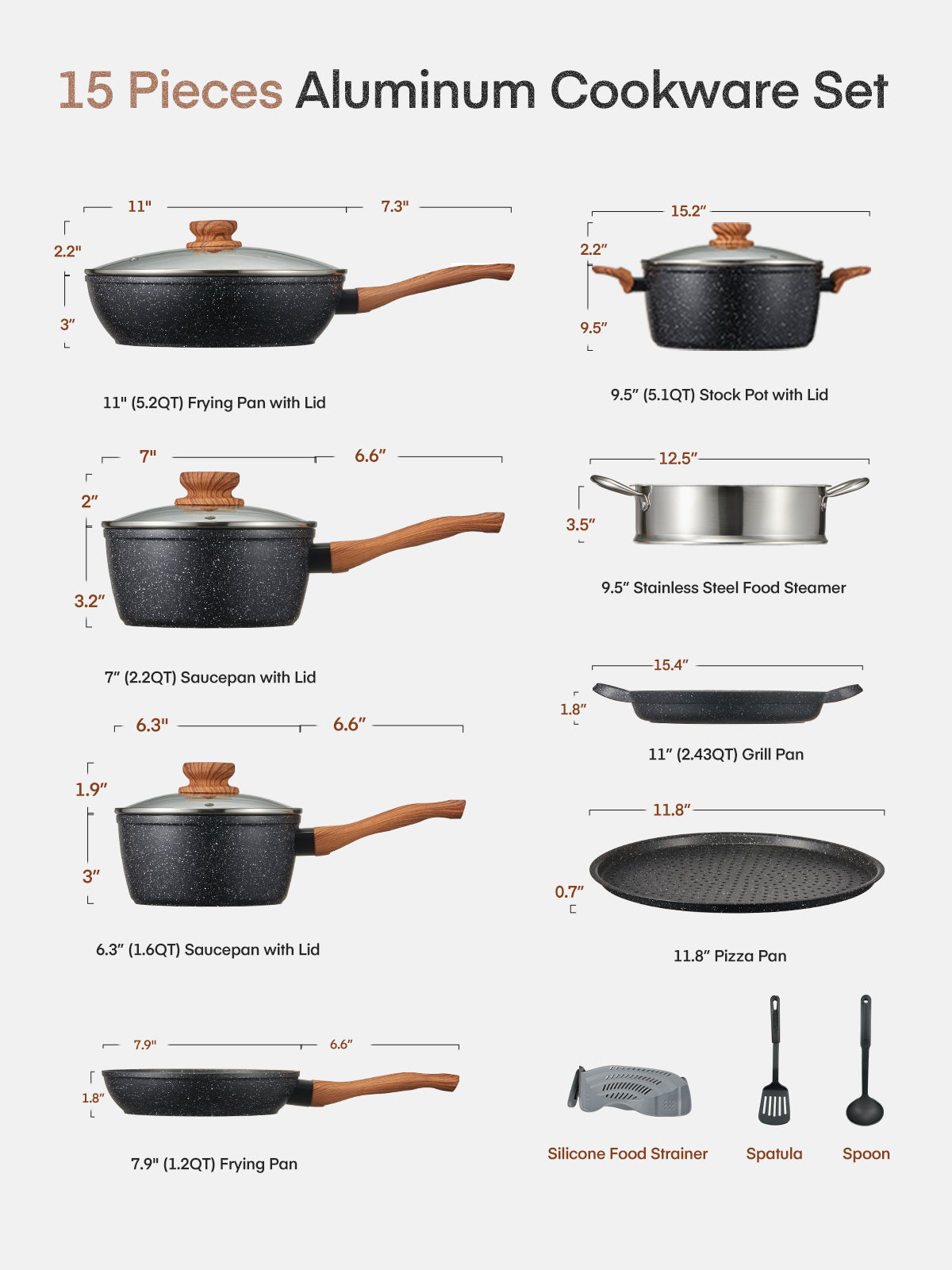 FOHERE Pots and Pans Set with Lids 15 PCS