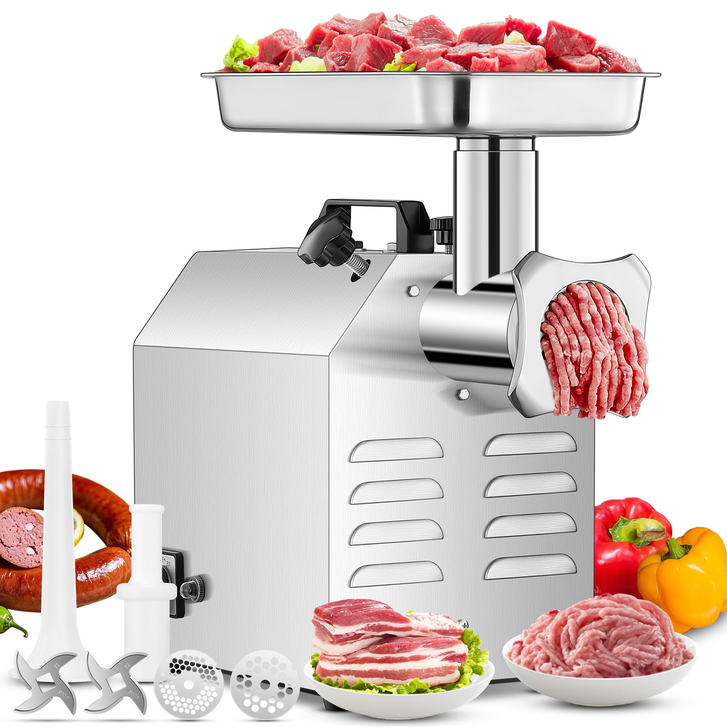 Gewerblicher Fleischwolf mit 2 Klingen & 2 Lochscheiben, 4600W, 8,6 kg/Min, Wurstfüllaufsatz enthalten, für Restaurants & Metzgereien