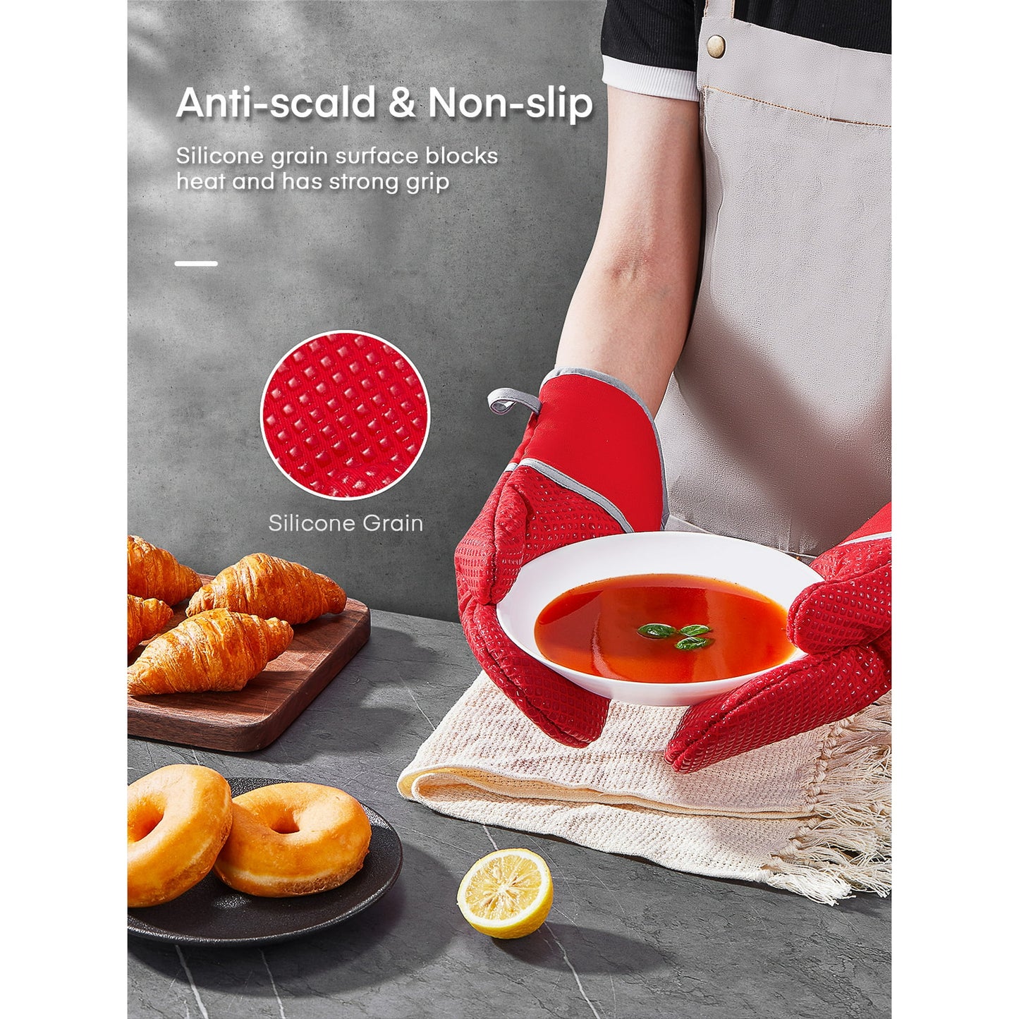 Oven Mitts, Heat Resistant Kitchen Oven Gloves 572°F, Non-Slip Silicone Surface, Extra Long Flexible Thick Mitts for Kitchen , Cooking , Baking , BBQ , Red