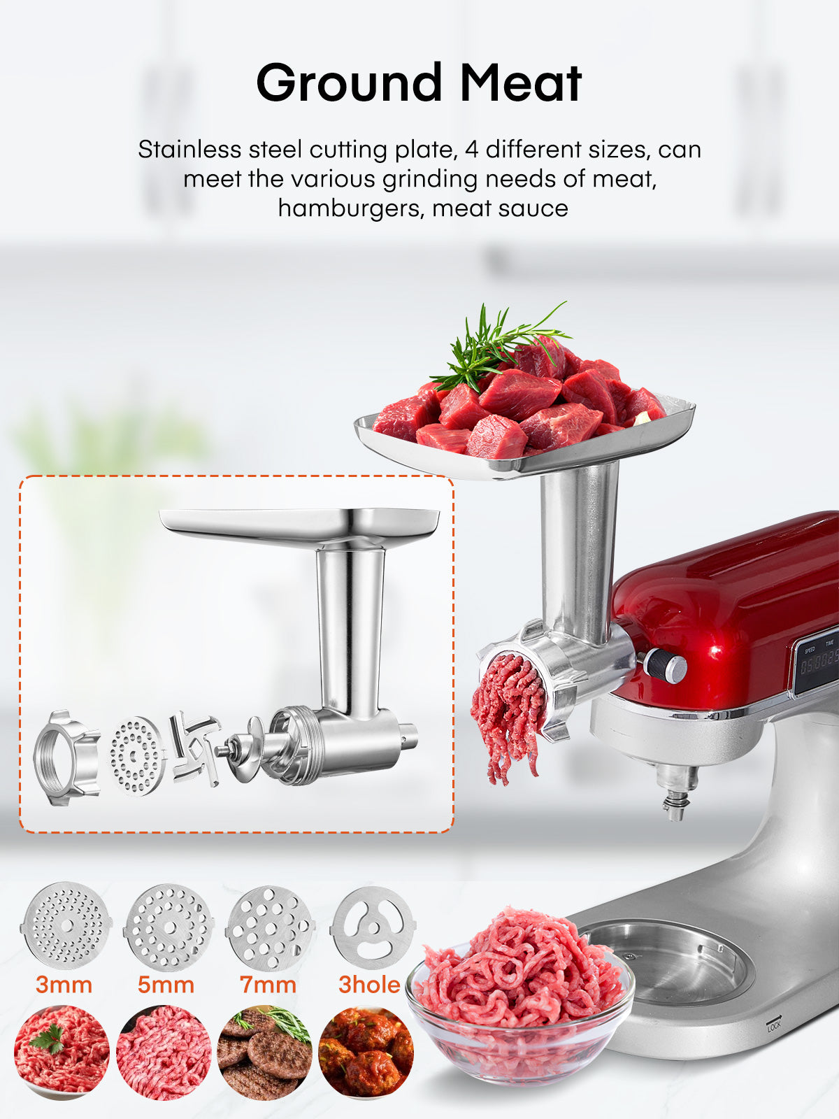 FOHERE Fleischwolf-Aufsatz für KitchenAid-Küchenmaschinen, Edelstahl, inkl. 4 Mahlscheiben