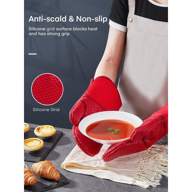 Oven Mitts, Heat Resistant Kitchen Oven Gloves 572°F, Non-Slip Silicone Surface, Extra Long Flexible Thick Mitts for Kitchen , Cooking , Baking , BBQ , Grid Red