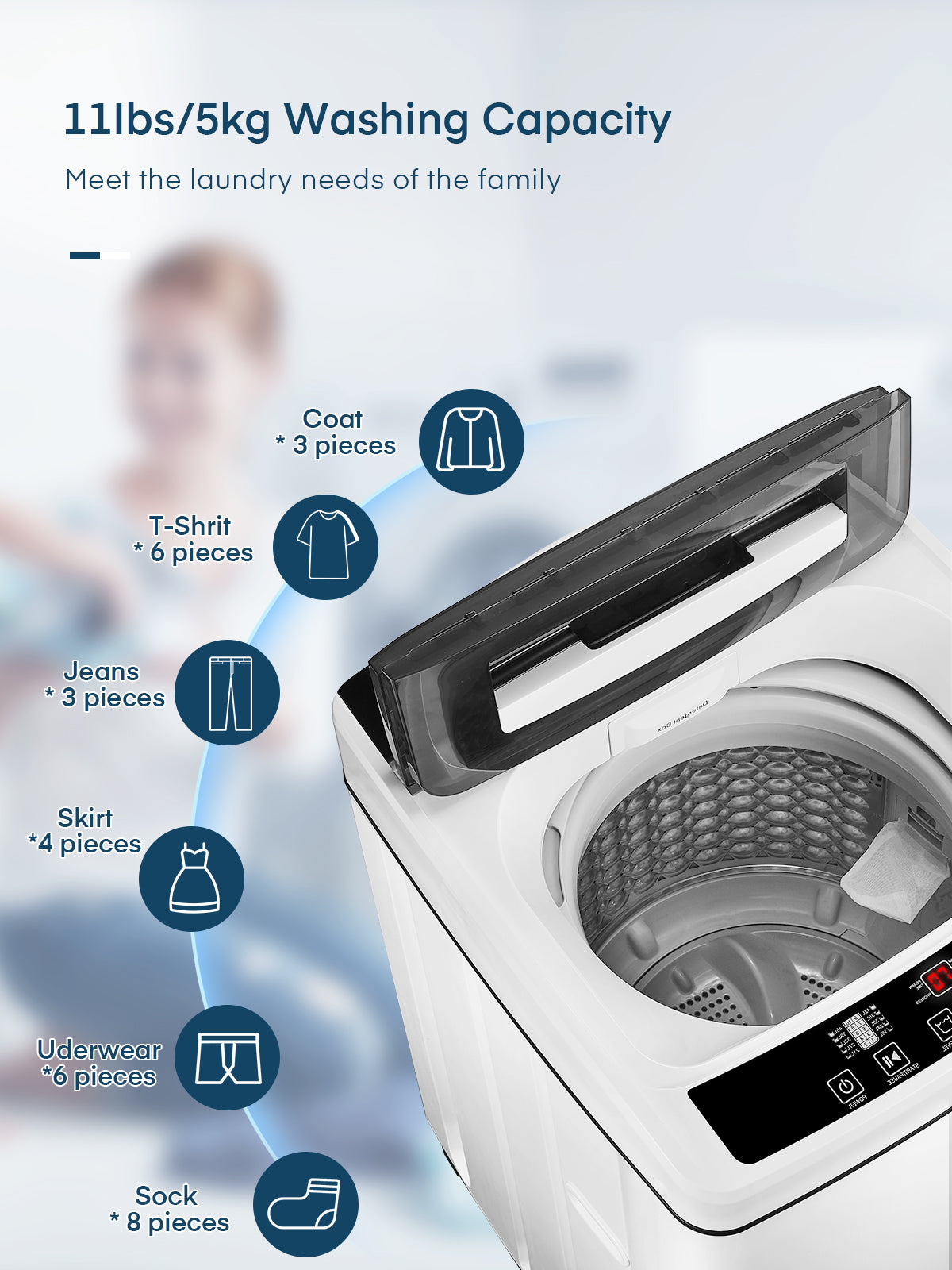 Full Automatic Washing Machine, FOHERE 1.5Cu.Ft 11lbs Capacity Portable Machine, 8 Programs 10 Water Levels Energy Saving Top Load Washer for Apartment Dorm