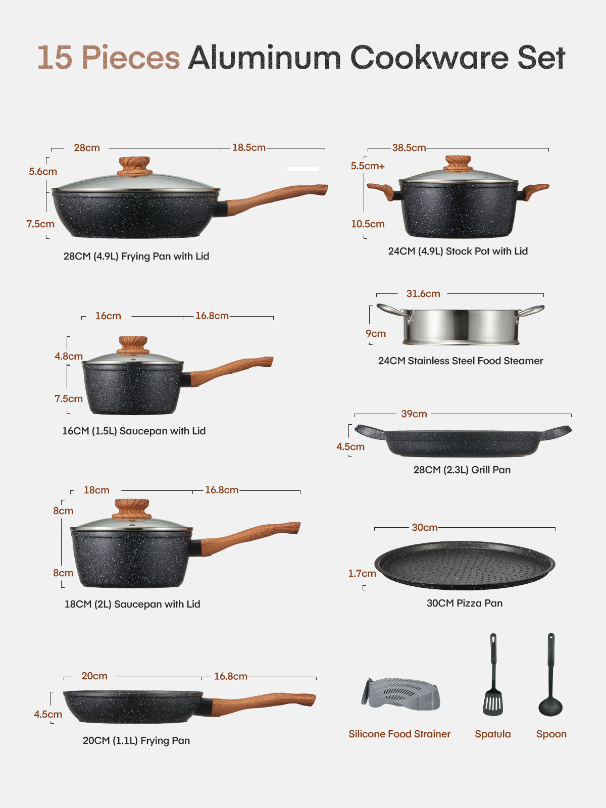 FOHERE Pots and Pans Set with Lids 15 PCS
