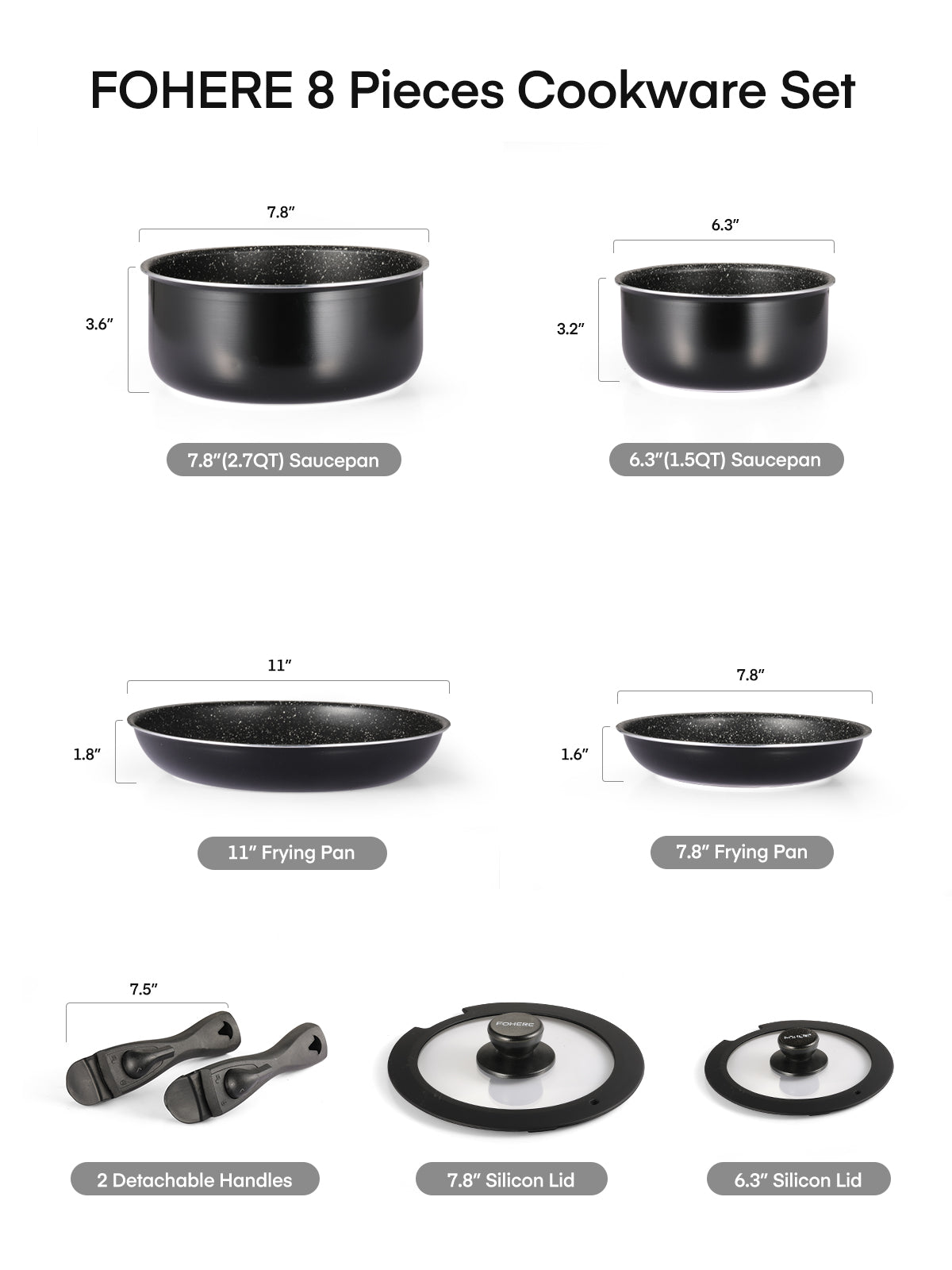 Fohere Pans and Pots Set 8 Pieces with Removable Handle