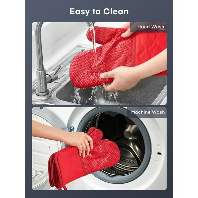 Oven Mitts, Heat Resistant Kitchen Oven Gloves 572°F, Non-Slip Silicone Surface, Extra Long Flexible Thick Mitts for Kitchen , Cooking , Baking , BBQ , Grid Red