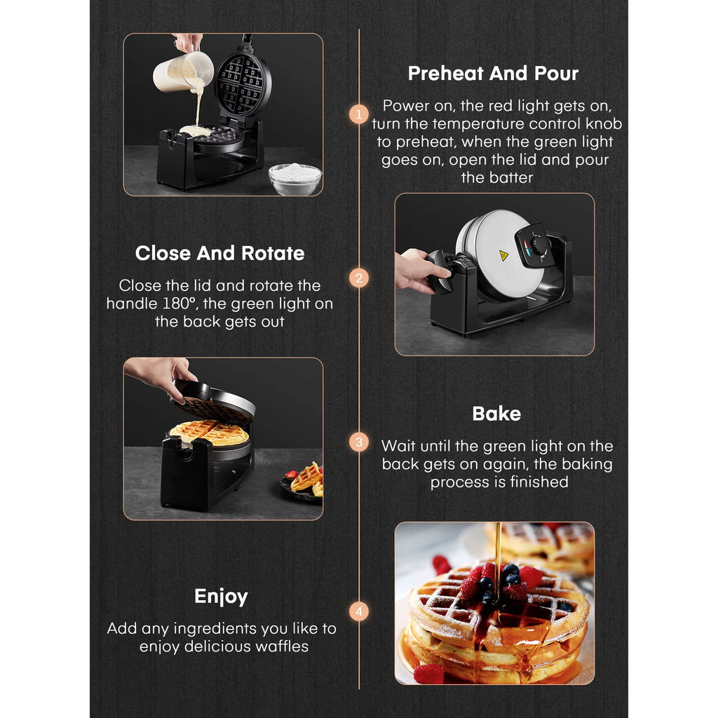180° Flip Belgian Waffle Maker Iron, 1100W, Black/Silver – Fohere