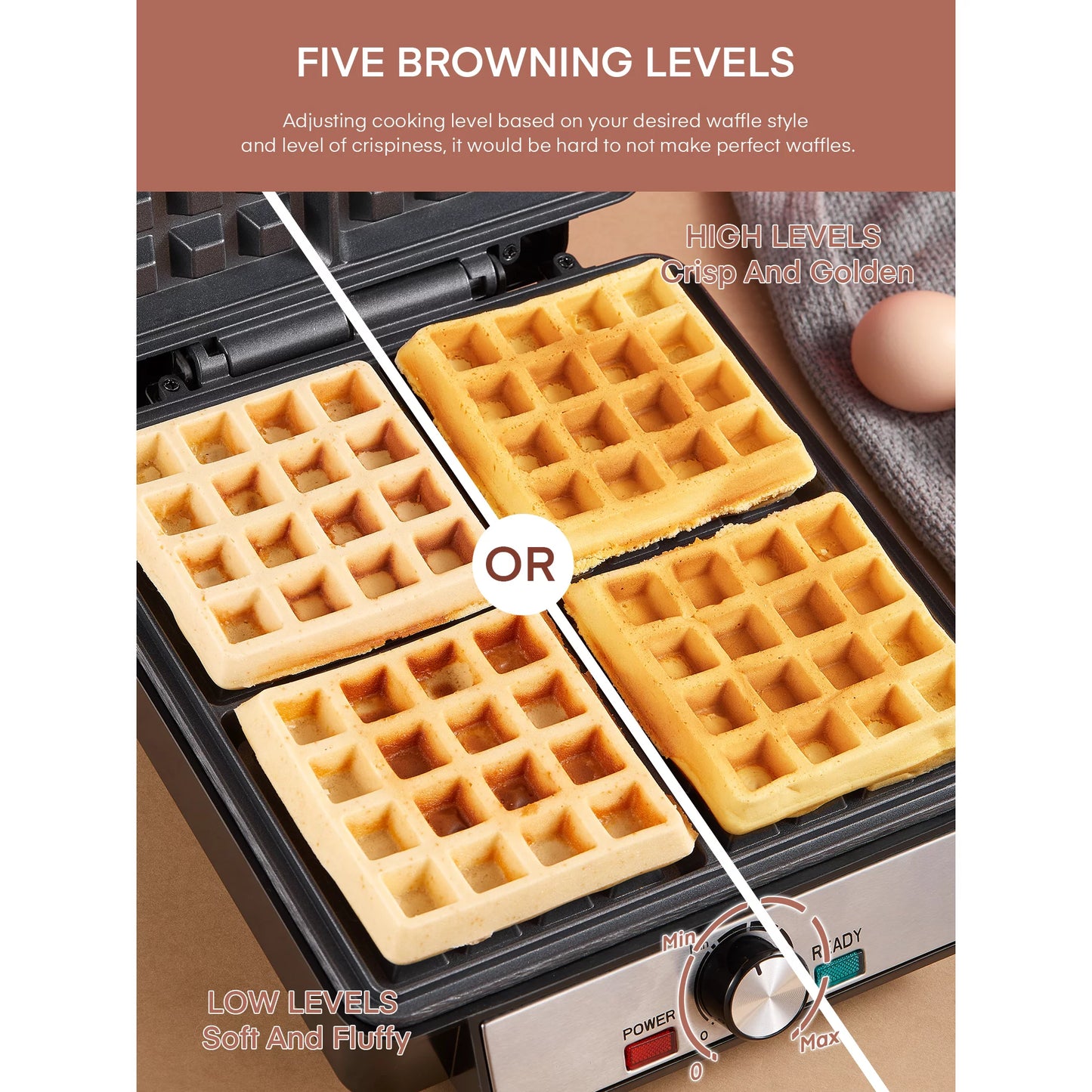 Belgian Waffle Maker 4 Slices with Temperature Control, 1200W, Stainless Steel, Black / Silver