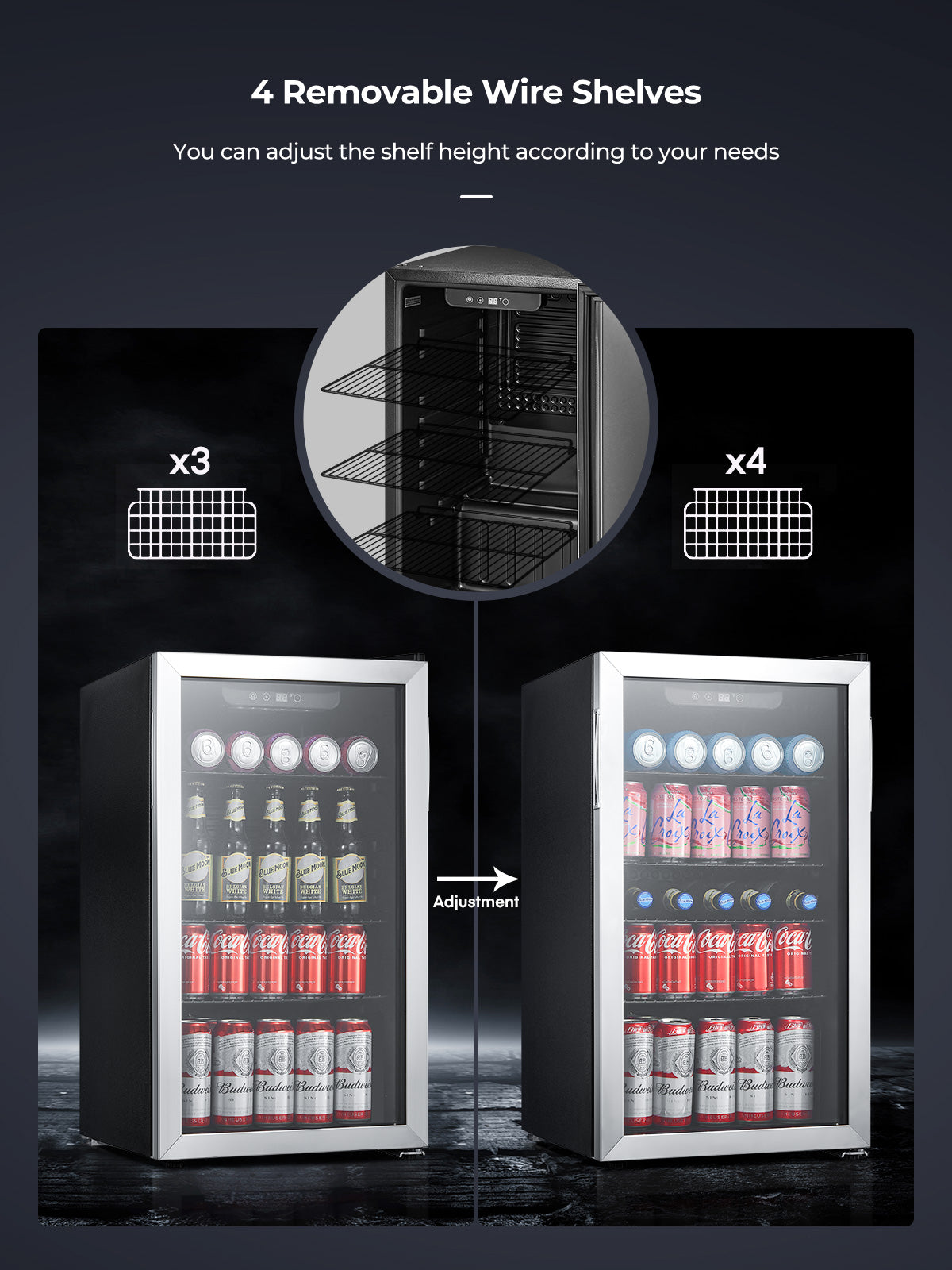 FOHERE Beverage Refrigerator Cooler, 120 Cans Mini Fridge with Glass Door for Soda Beer or Wine, Drink Dispenser with Adjustable Removable Shelving, Freestanding Beverage Fridge for Office, Bar, Home