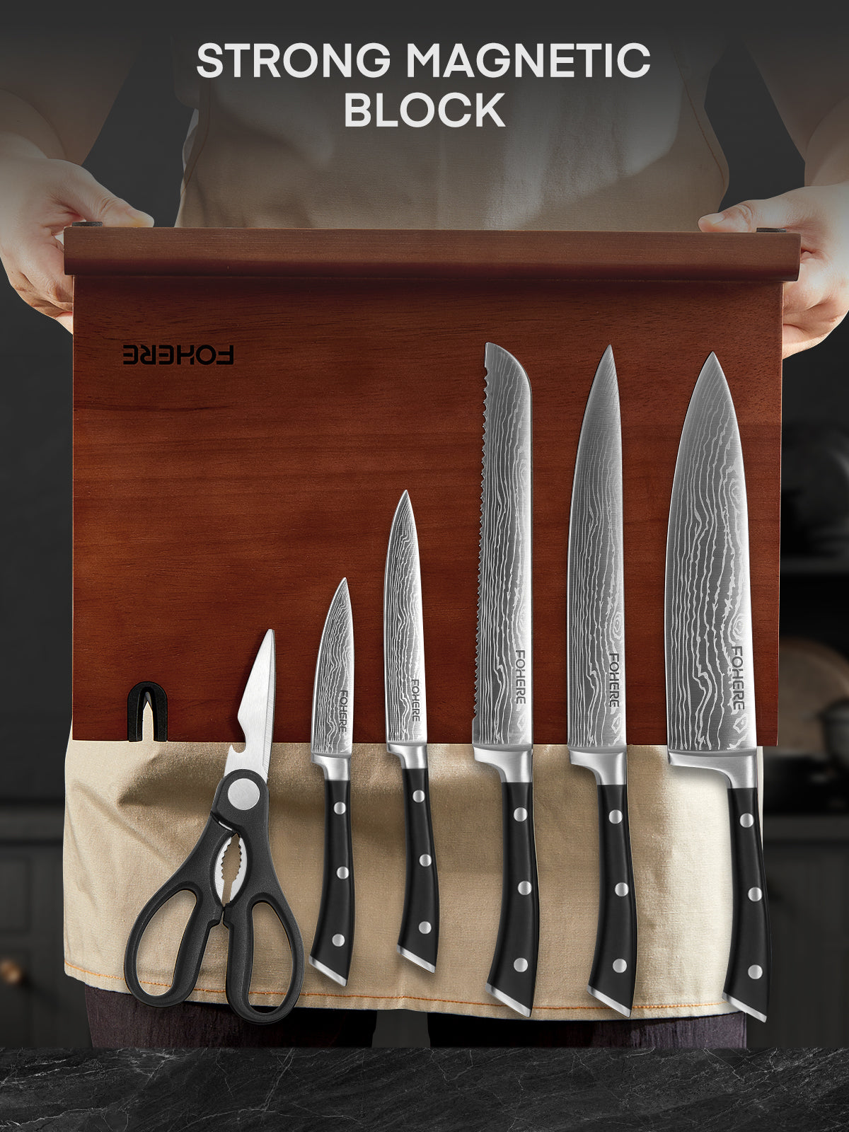 FOHERE Küchenmesser-Set, 7-teiliges Messer-Set mit Magnetischem Messerhalter und Messerschärfer, Scharfes Kochmesser-Set mit Ergonomischem Griff, Hochkohlenstoff-Edelstahlmesser-Set für die Küche