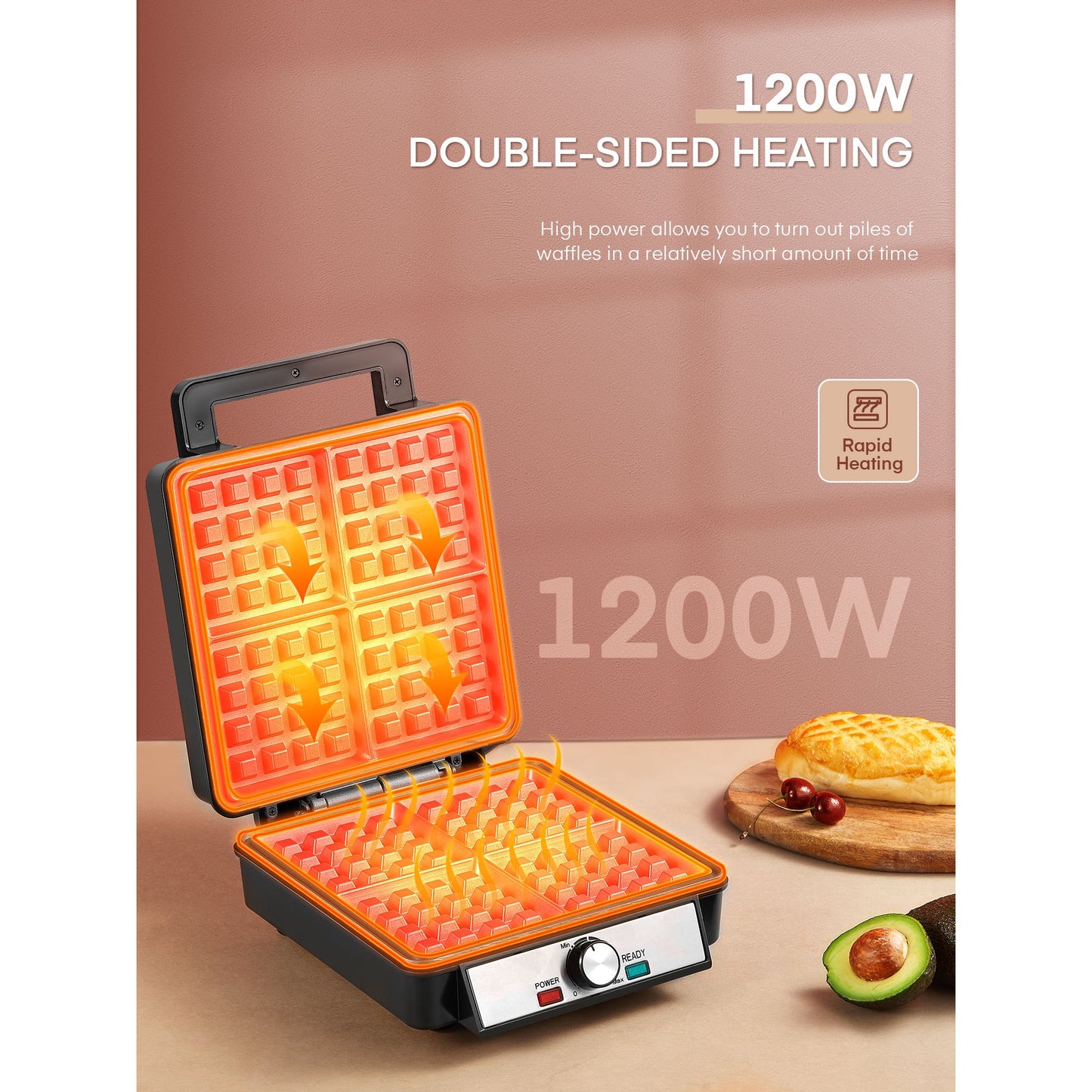 Belgian Waffle Maker 4 Slices with Temperature Control, 1200W, Stainless Steel, Black / Silver