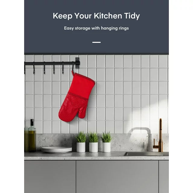 Oven Mitts, Heat Resistant Kitchen Oven Gloves 572°F, Non-Slip Silicone Surface, Extra Long Flexible Thick Mitts for Kitchen , Cooking , Baking , BBQ , Grid Red