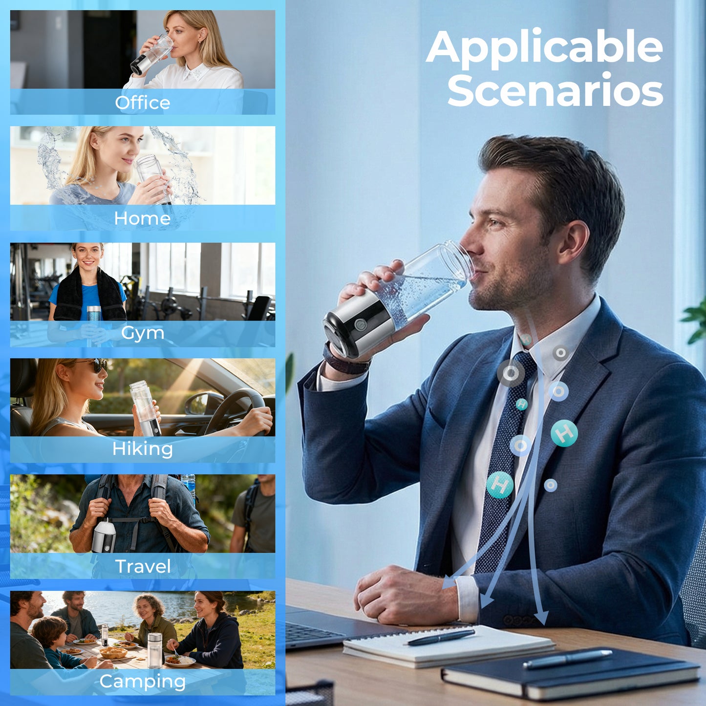 Wasserstoff-Wasserflasche mit tragbarem Anhängedeckel, bis zu 6000 PPB, auf jede Standard-Wasserflasche schraubbar für unterwegs – SPE/PEM-Technologie, wiederaufladbar, FDA-lebensmittelecht & FCC-zertifiziert