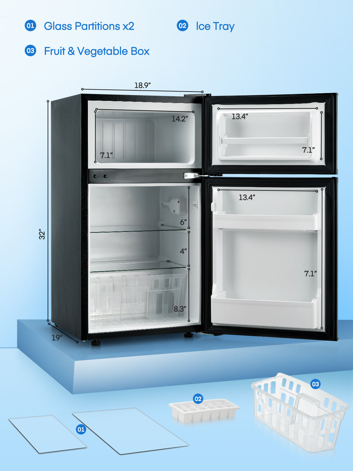 3.1 Cu.ft Mini-Kühlschrank mit Top-Gefrierfach, 2 Türen mit Schublade, Eiswürfelschale und verstellbaren Einlegeböden