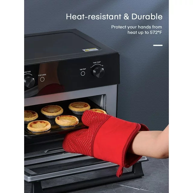 Oven Mitts, Heat Resistant Kitchen Oven Gloves 572°F, Non-Slip Silicone Surface, Extra Long Flexible Thick Mitts for Kitchen , Cooking , Baking , BBQ , Grid Red