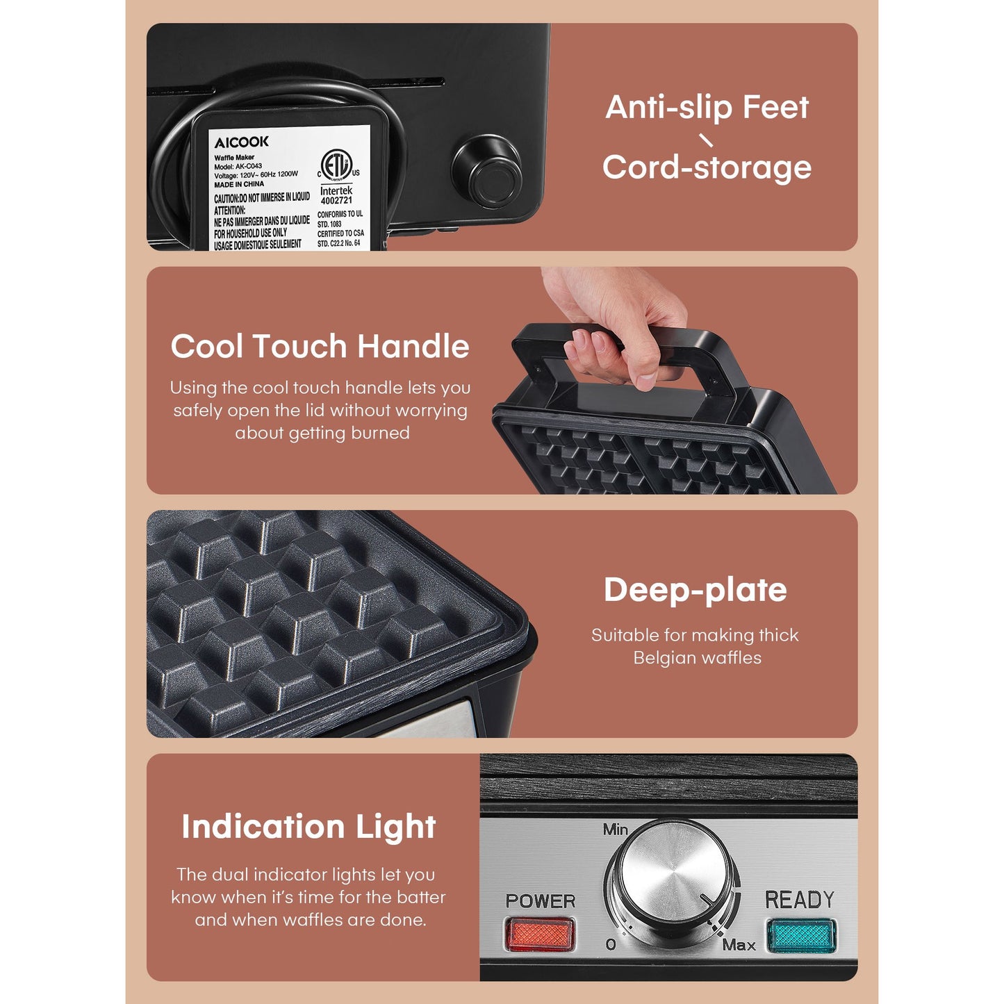 Belgian Waffle Maker 4 Slices with Temperature Control, 1200W, Stainless Steel, Black / Silver