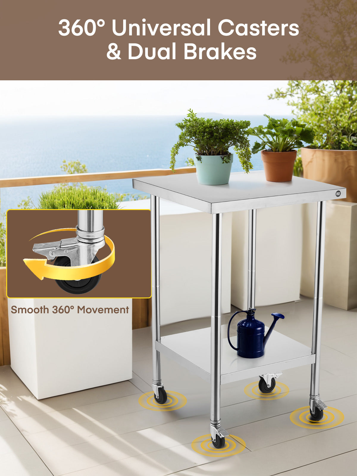 Edelstahltisch FOHERE, Metalltisch 61 x 61 cm mit 4 Rollen, zwei davon mit Bremsen, NSF Küchentisch für Restaurant, Zuhause, Außenbereich, Garten, Lager und Hotel