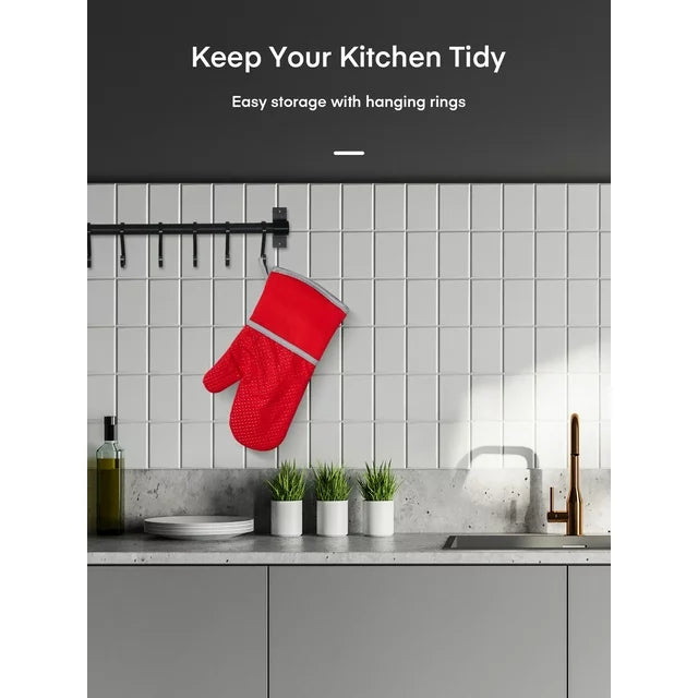 Oven Mitts, Heat Resistant Kitchen Oven Gloves 572°F, Non-Slip Silicone Surface, Extra Long Flexible Thick Mitts for Kitchen , Cooking , Baking , BBQ , Red