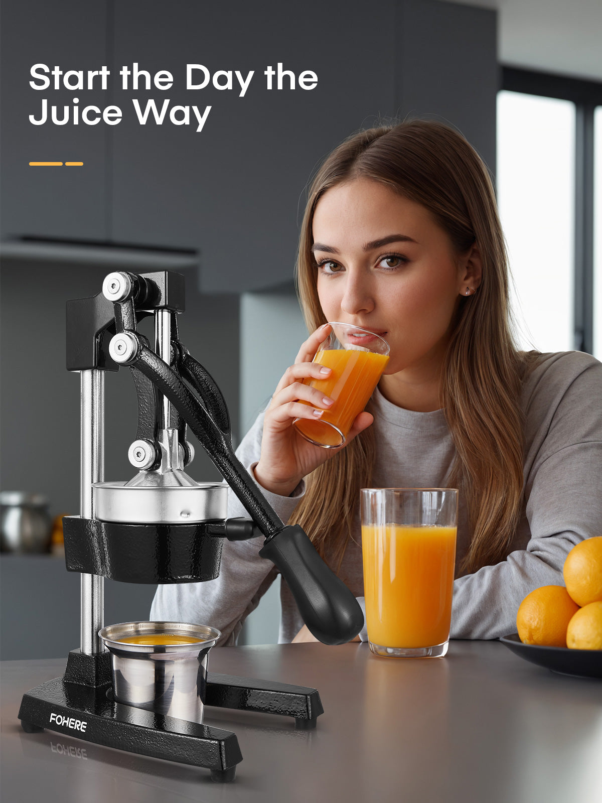FOHERE Orangen-Entsafter, Zitruspresse aus Gusseisen, manuelle Entsafterpresse für Orangen, Zitronen, Granatäpfel, Grapefruit, leicht zu reinigen – inklusive Edelstahlbecher