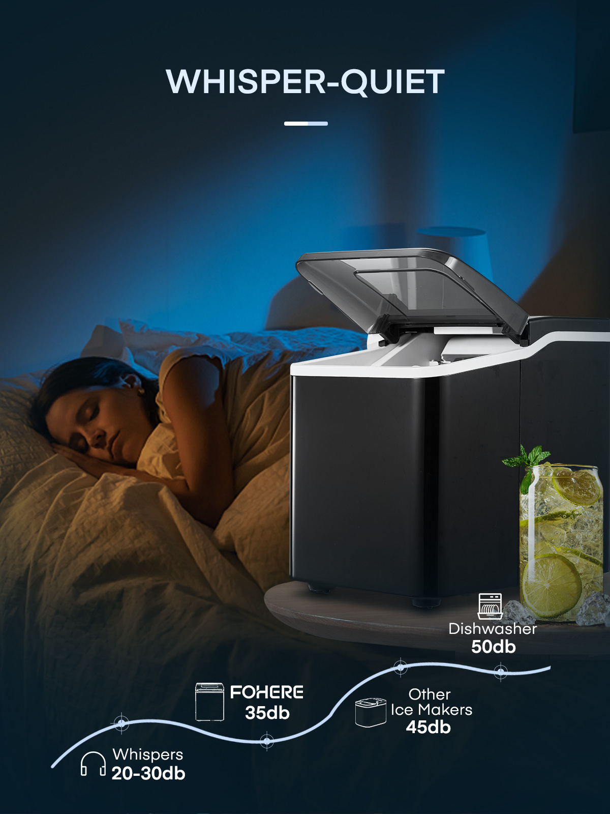 Eismaschine für die Arbeitsplatte, 9 Eiswürfel in 6 Min., 12,7 kg in 24 Std., LED-Anzeige mit Eisschaufel und Korb, tragbarer Eiswürfelbereiter für Party, Büro, Bar, Wohnmobil, FOHERE (29 x 22 x 30 cm)