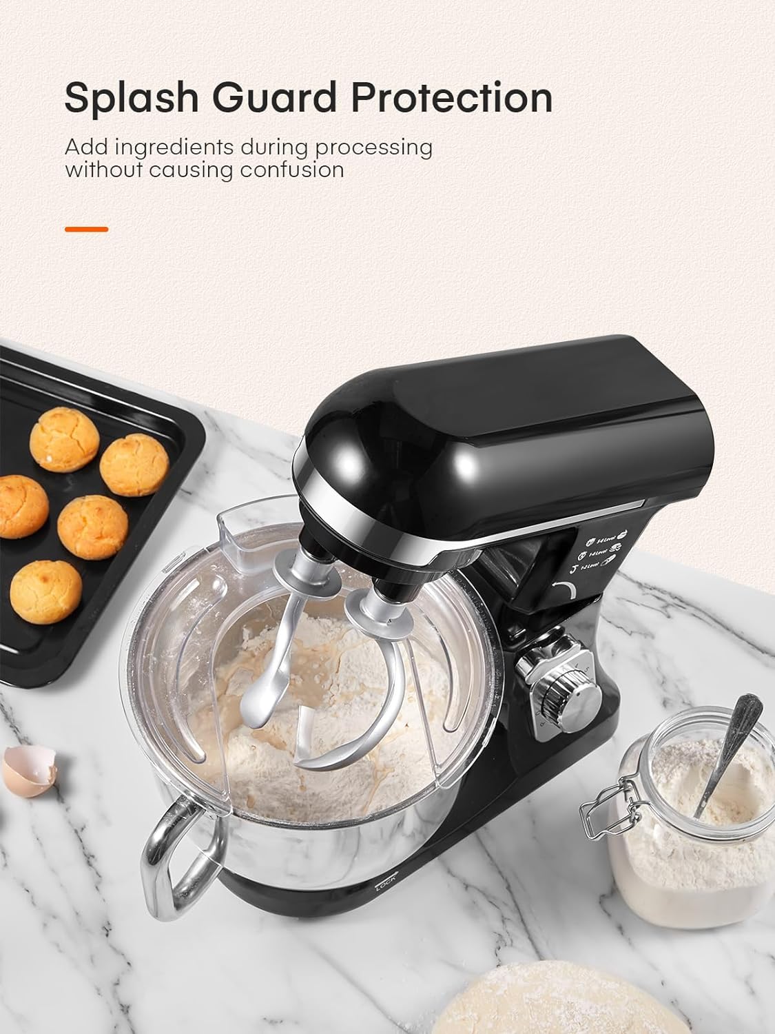 5,5QT Küchenmaschine elektrisch mit Doppelknethaken, Schneebesen & Rührbesen, 6+ P Geschwindigkeits-Kippkopf-Mixer, Spritzschutz für Hausmannskost, Spülmaschinenfeste Edelstahl-Schüssel mit Griff, Schwarz