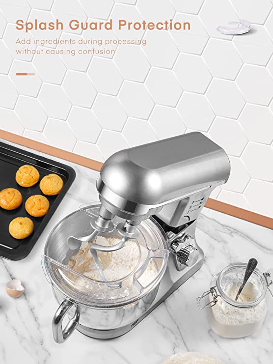 5,5QT Küchenmaschine mit doppelten Knethaken, Schneebesen & Rührbesen, 6+ P Geschwindigkeitsstufen, kippbarer Kopf, Spritzschutz für Hobbyköche, spülmaschinenfeste Edelstahlschüssel mit Griff