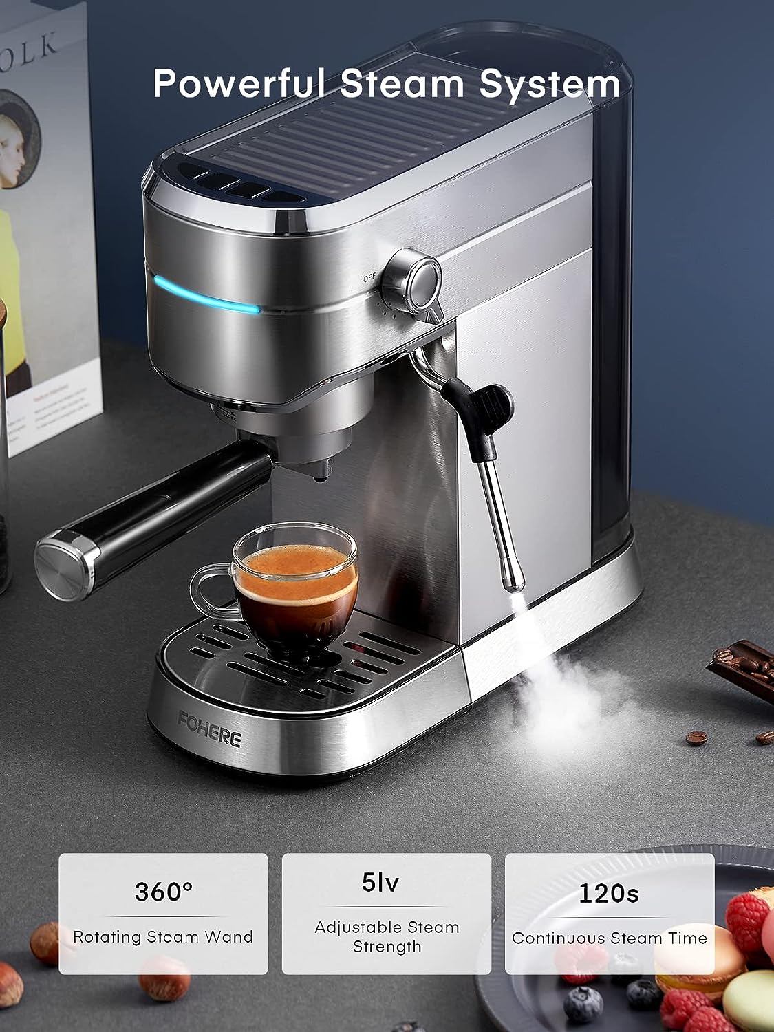 Fohere Espressomaschine, 20 Bar Edelstahl Espressomaschine und Cappuccino-Zubereiter mit Milchaufschäumer und Dampfdüse