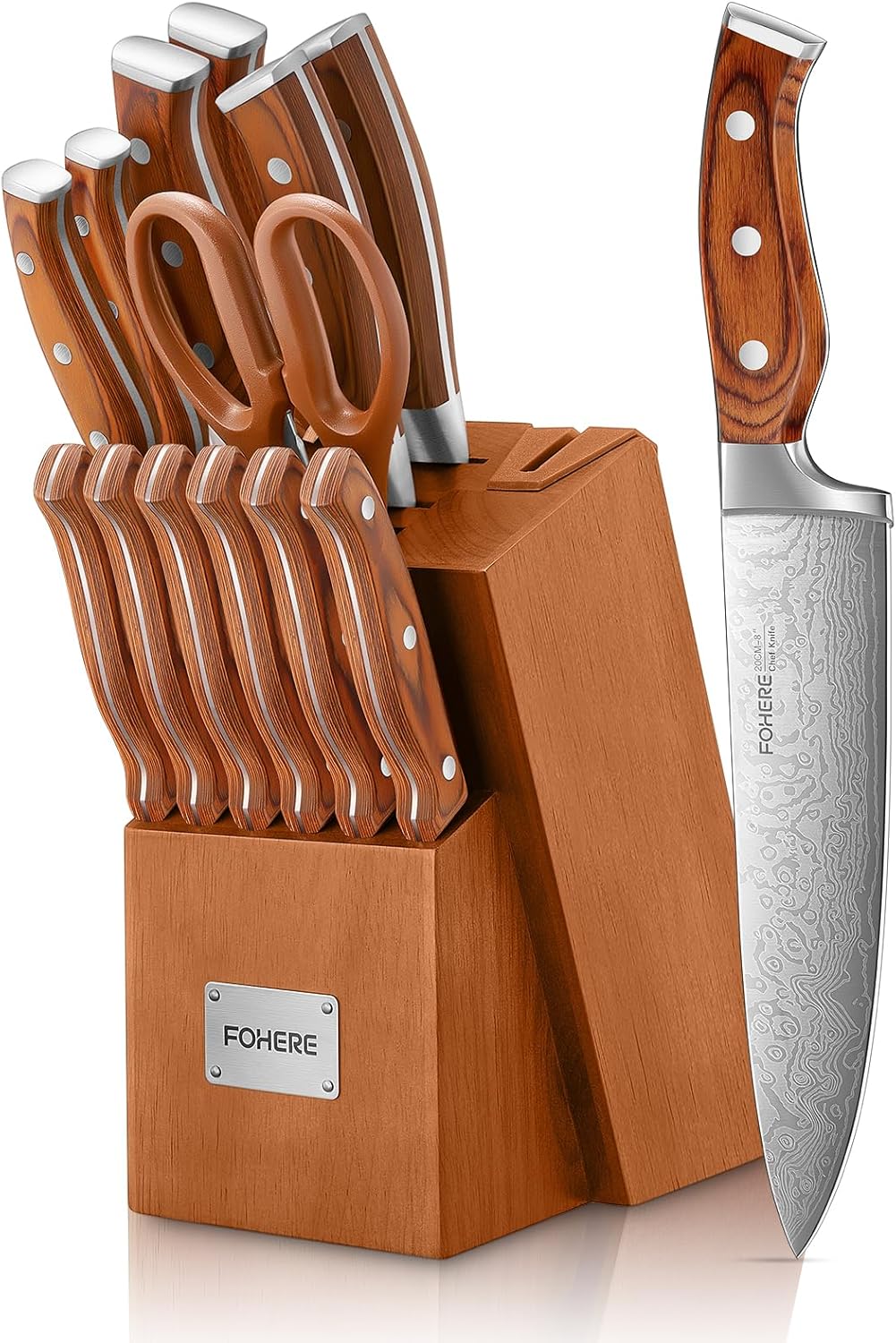 FOHERE Messerblock-Set mit Holzblock 14-teiliges Küchenmesser-Set aus rostfreiem Kohlenstoffstahl
