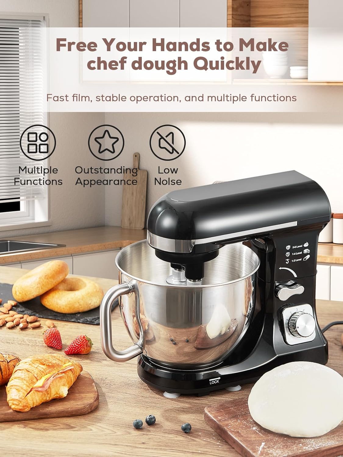 5.5QT Stand Mixer Electric with Double Dough Hook, Wire Whip & Beater, 6+ P Speed Tilt-Head Food Mixer, Pouring Shield for Home Cooking, Dishwasher Safe Stainless Steel Bowl with Handle, Black