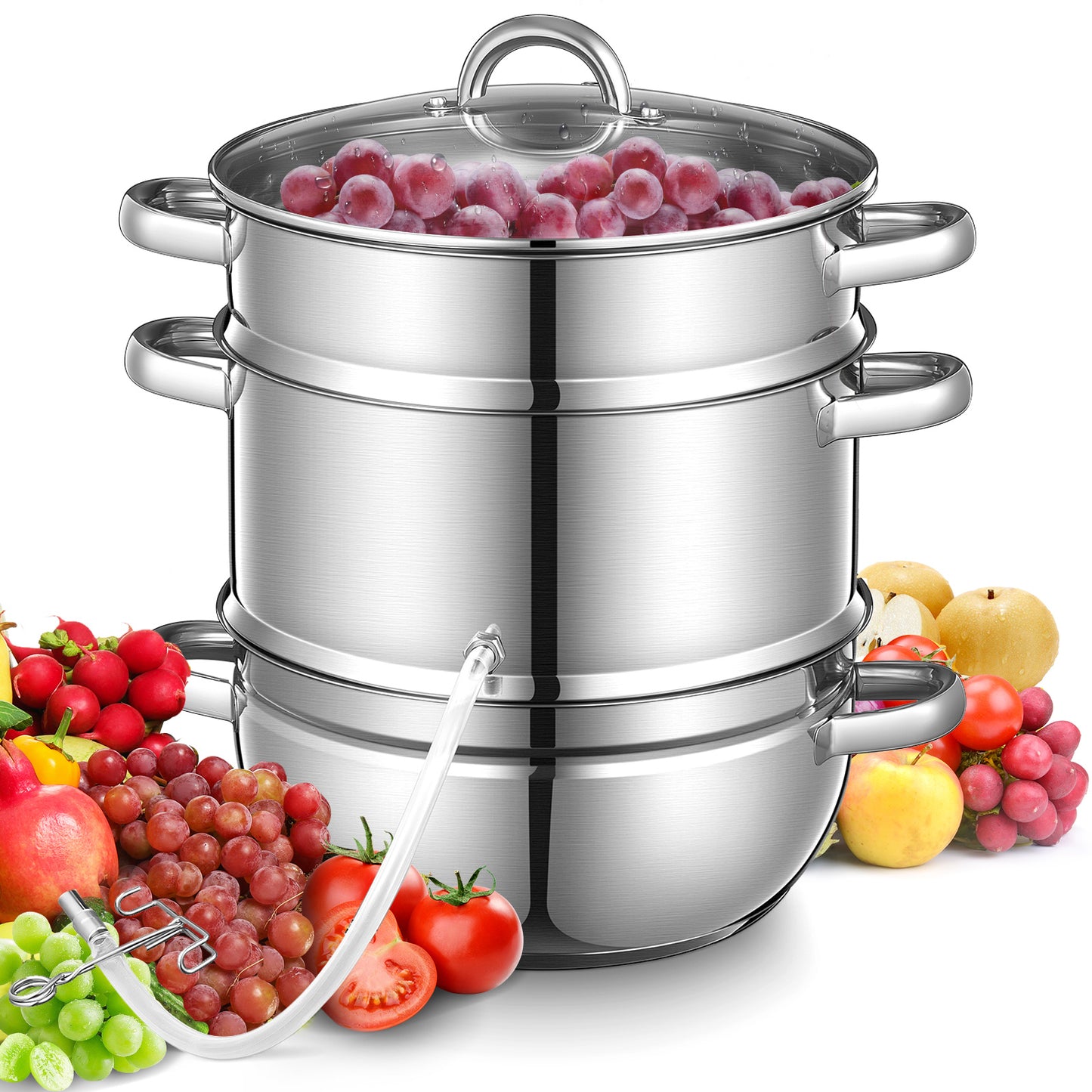 FOHERE Entsafter Dampfgarer Edelstahl, Obst & Gemüse 10,4 Liter Dampfgarertopf mit Schlauch, Klemme, Deckel, Schlaufengriffen, Multipots Küchengeschirr zum Herstellen von Saft, Gelee, Saucen
