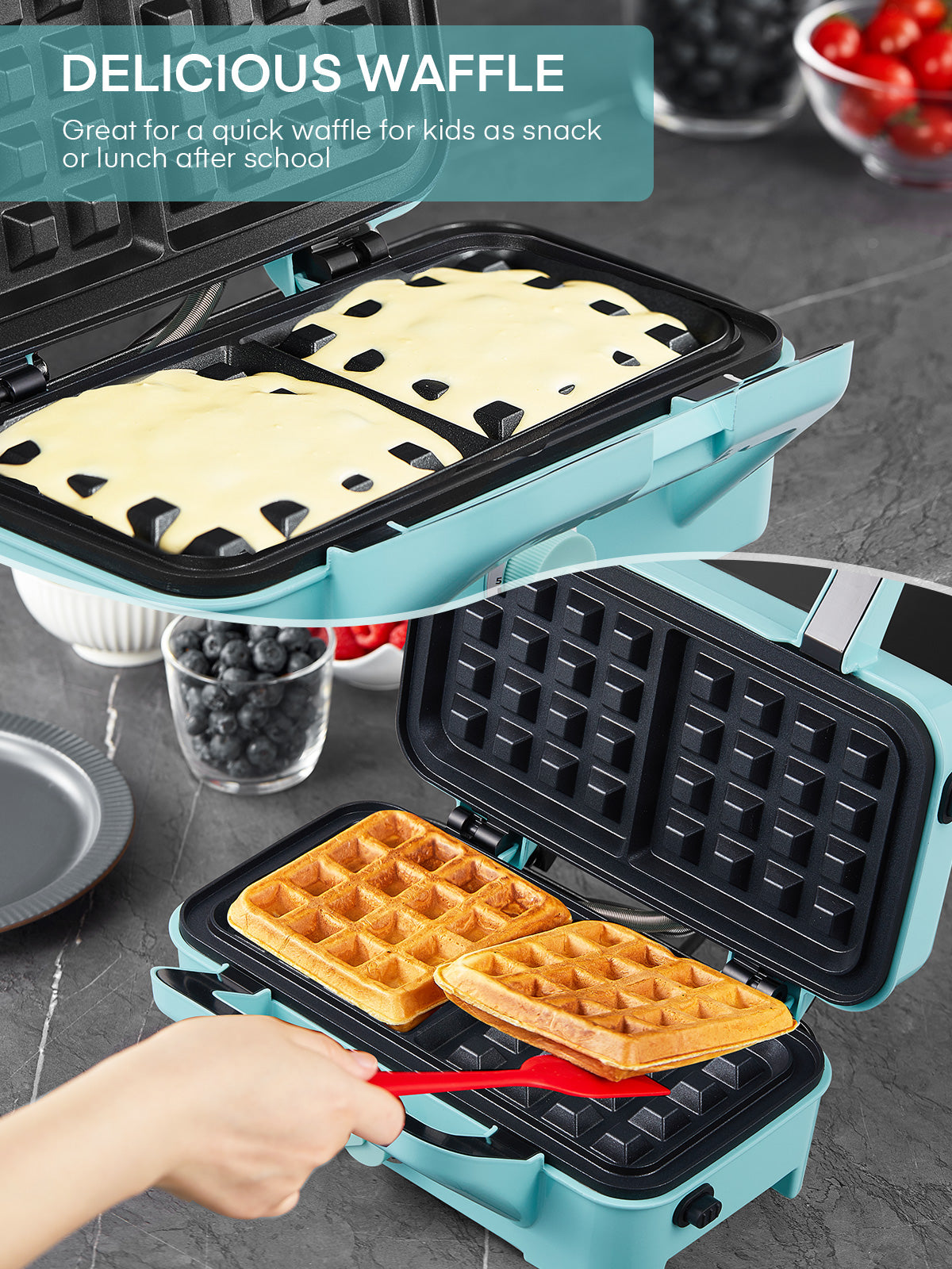 3-IN-1 Sandwichmaker mit antihaftbeschichteten Platten, Kontrollleuchten, Cool-Touch-Griff, perfekt für die Zubereitung von Frühstück, gegrilltem Käse, Blau
