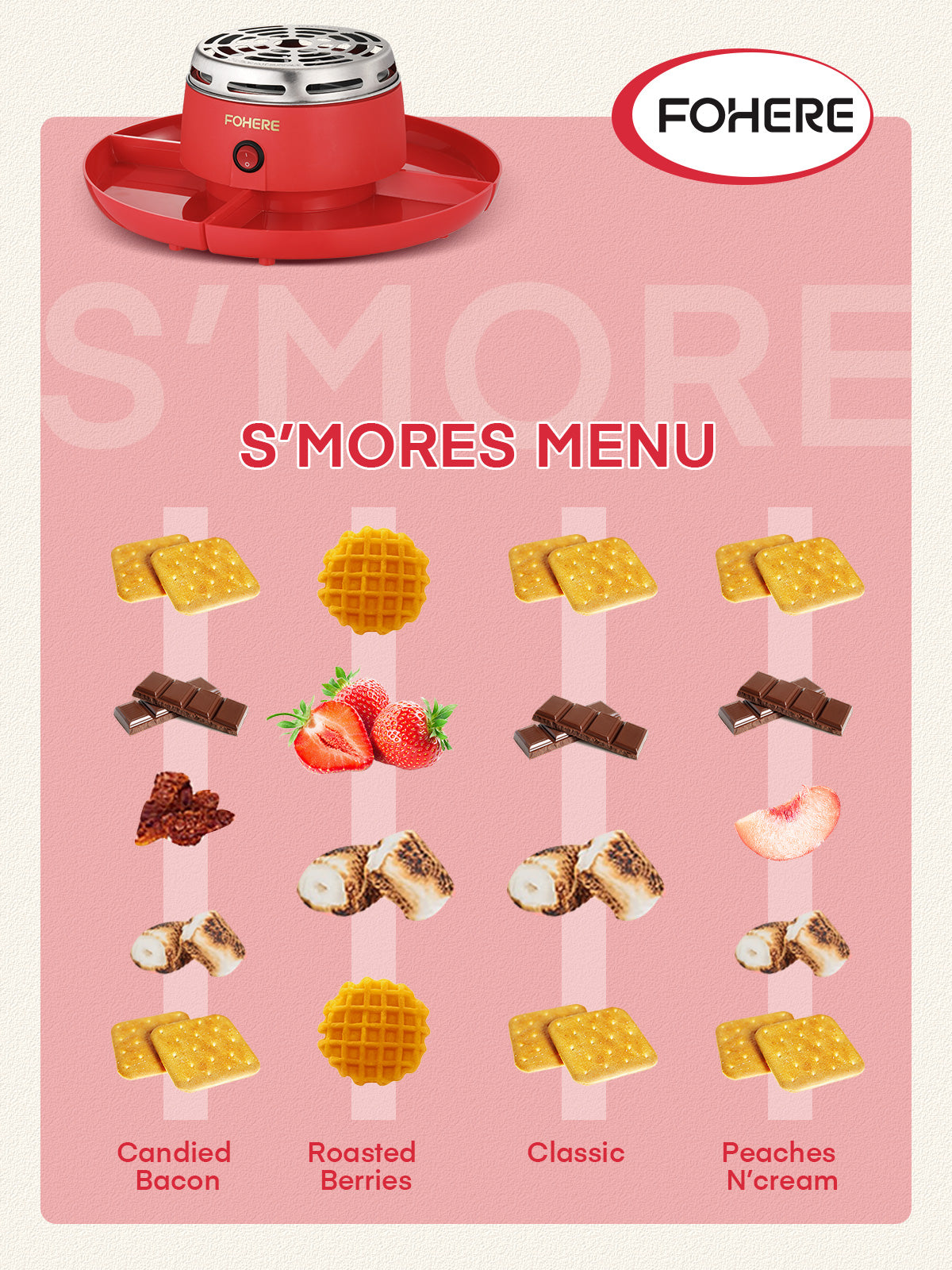FOHERE Smores Maker Tischgerät für Innenräume, flammenloser elektrischer Marshmallow-Röster mit 4 abnehmbaren Ablagen & 4 Röstgabeln, Zubehör für Filmabende & Einweihungsgeschenk, Rot