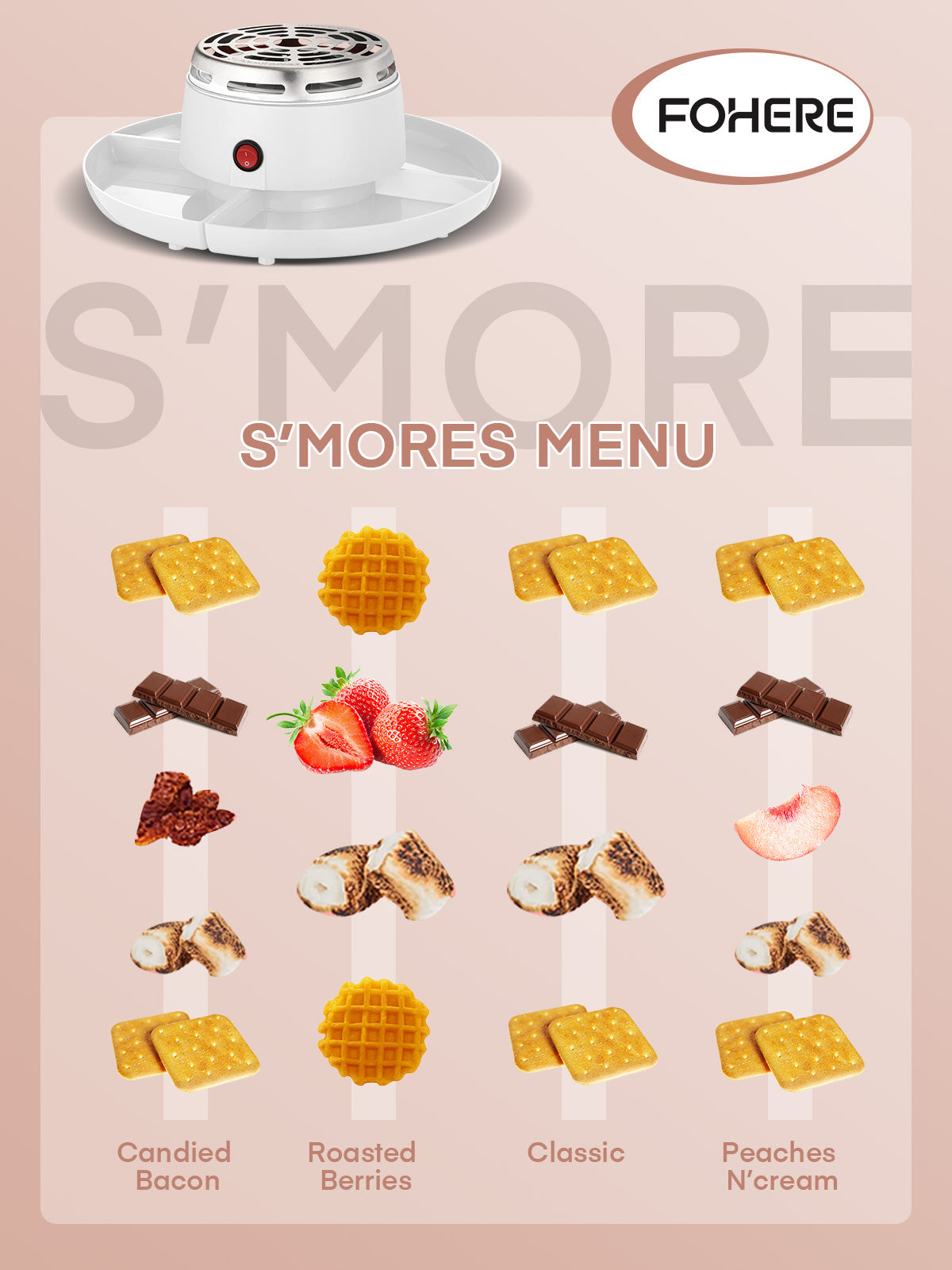 FOHERE Smores Maker für Tischplatte Indoor, mit 4 abnehmbaren Tabletts & 4 Röstgabeln, Geschenk, Weiß