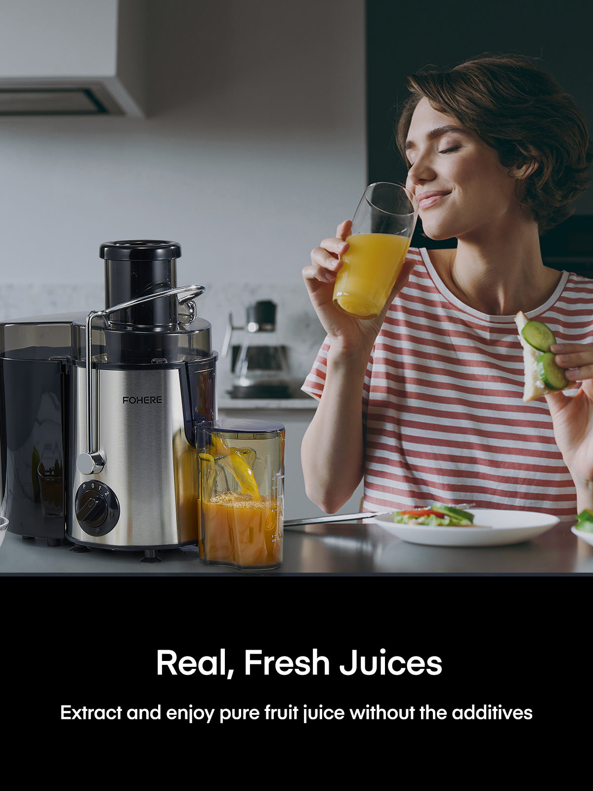 FOHERE Juicer Machines 600W, Centrifugal Juicer with Wide Mouth 3? Feed Chute, 3-Speed Setting, Juice Recipe Included