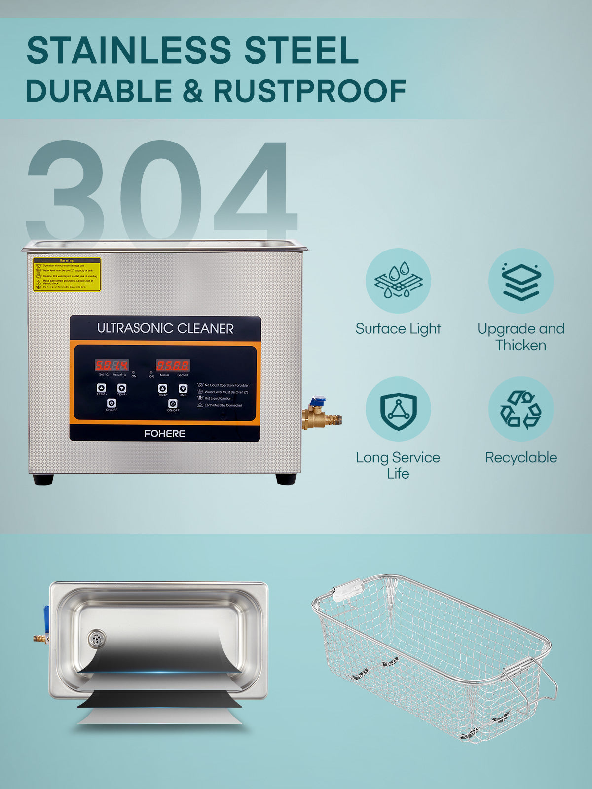 FOHERE Ultraschallreinigungsgerät 6,5L mit Heizung und Timer, 180W Edelstahl Ultraschallreiniger für Teile, Brillen, Uhren, Zahnspangen