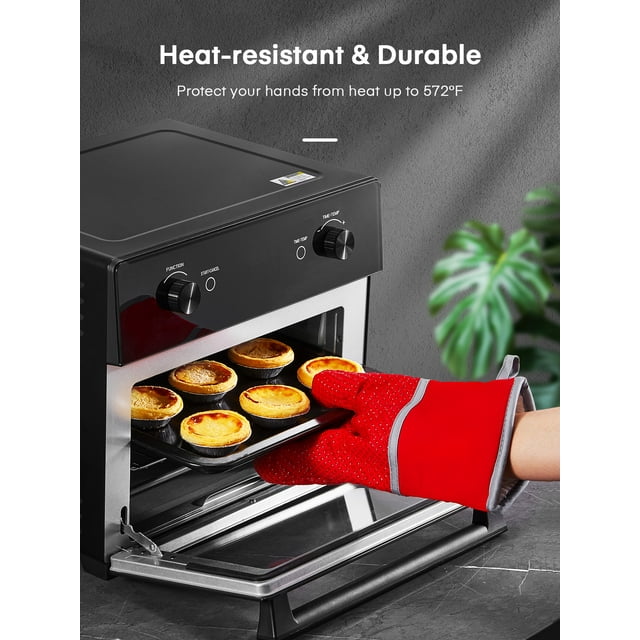 Oven Mitts, Heat Resistant Kitchen Oven Gloves 572°F, Non-Slip Silicone Surface, Extra Long Flexible Thick Mitts for Kitchen , Cooking , Baking , BBQ , Red