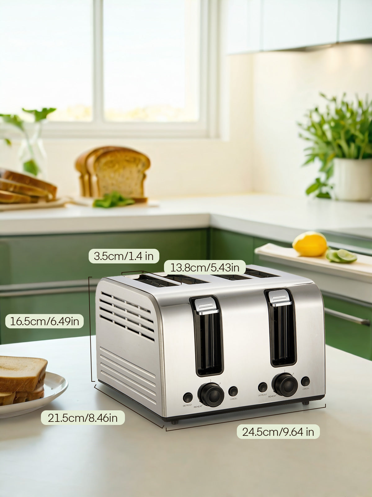 4 Slice Toaster, 1500W Extra-Wide Slot Toaster, for Bagel, Bread, Waffle, with 6 Shade Settings, Dual Independent Control Panel, Reheat/Defrost/Cancel Functions, Stainless Steel Sliver