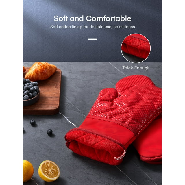 Oven Mitts, Heat Resistant Kitchen Oven Gloves 572°F, Non-Slip Silicone Surface, Extra Long Flexible Thick Mitts for Kitchen , Cooking , Baking , BBQ , Grid Red