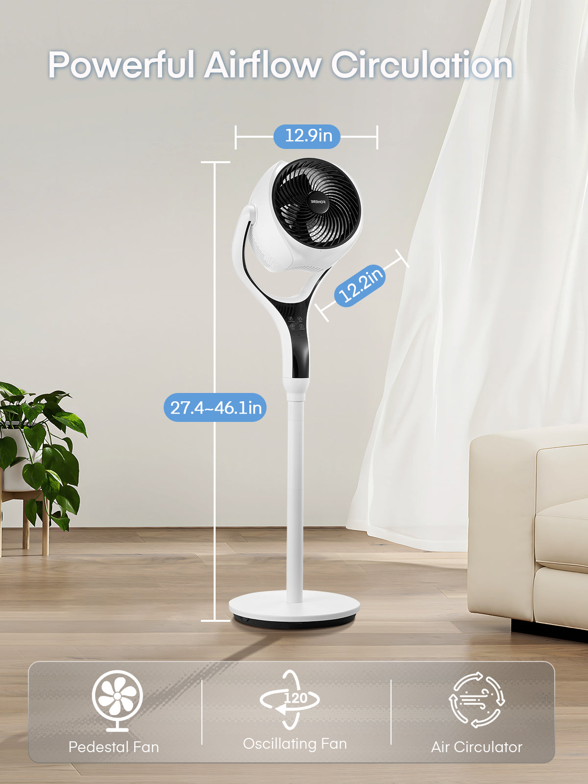 FOHERE Standventilator für Schlafzimmer, 12 Geschwindigkeiten, 3 Modi, 12H Timer, RGB-Lichter, Fernbedienung, 26m, 120° Leiser Oszillierender Standventilator für Zuhause und Büro