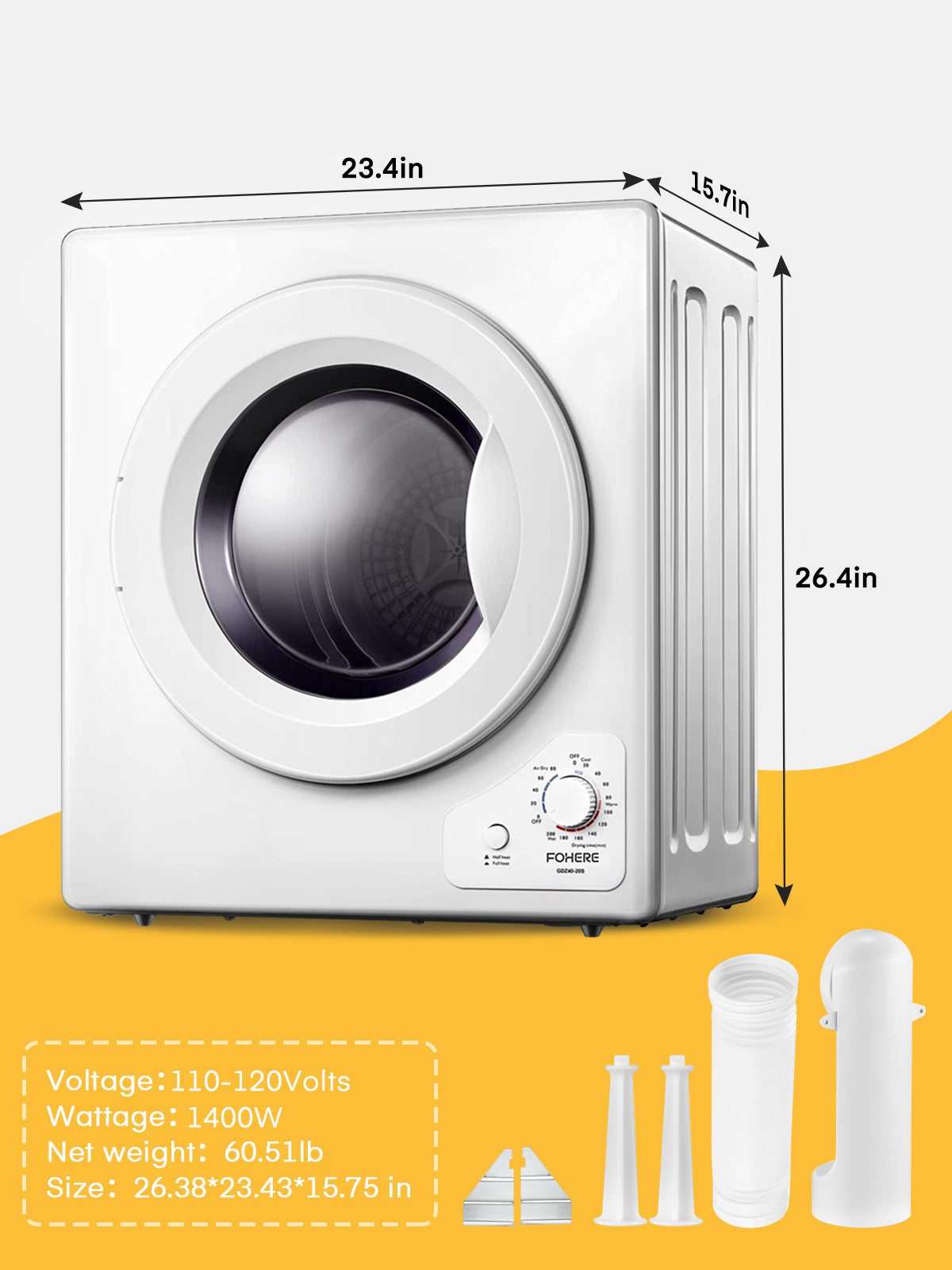 Clothes Dryer, 2.9 cu.ft FOHERE Portable Compact Dryer, 1400W Vented Tumble Dryer with Sensor, 5 Auto Drying Mode, with Exhaust Duct & Stainless Steel Tub, for Apartment, Home, Dorm-110V, White
