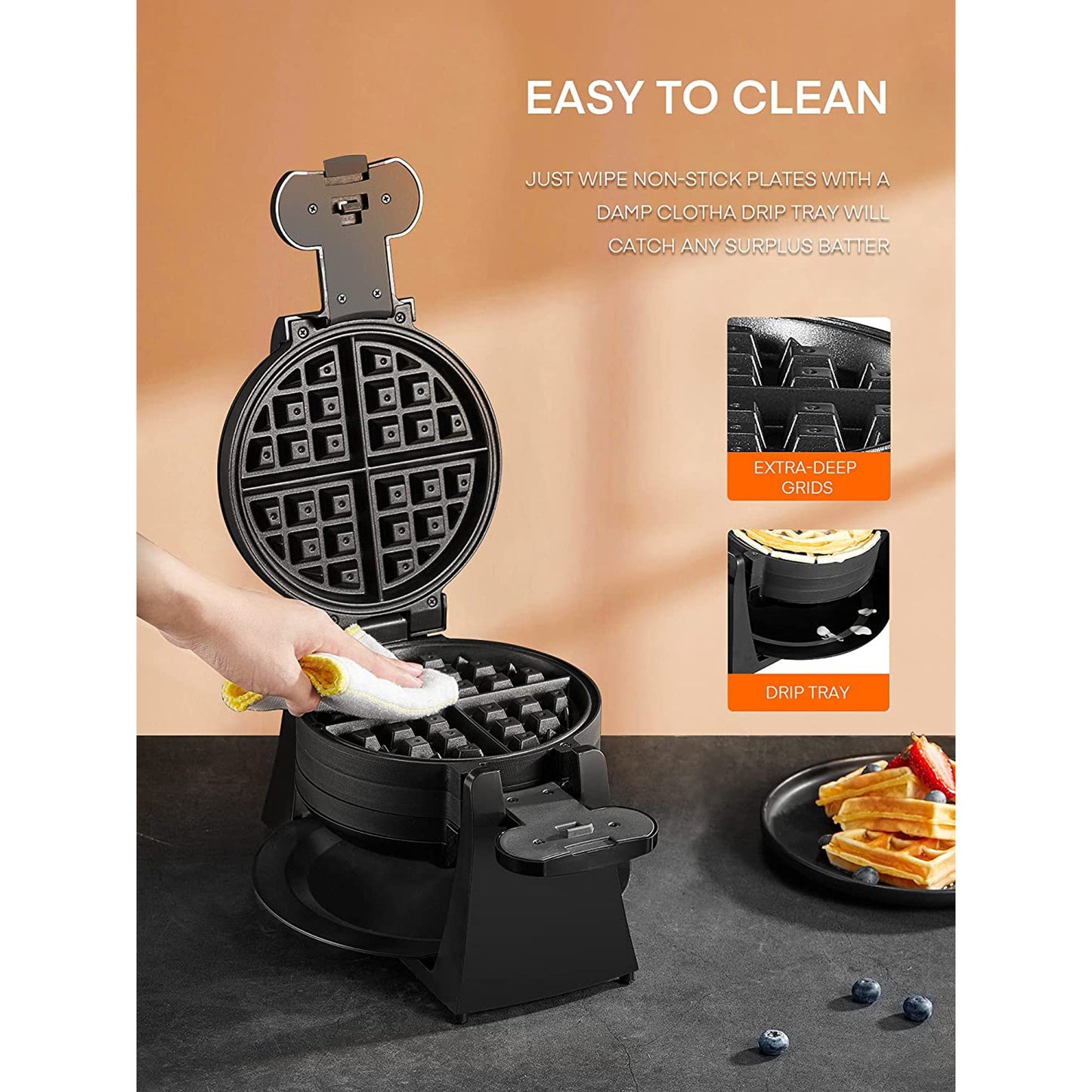 180° Flip Belgian Double Waffle Maker, Waffle Iron 8-Slice One Time, Nonstick Plates, Removable Drip Tray & Rotating, 1400W Adjustable Temperature Control & Cool Touch Handle, Black