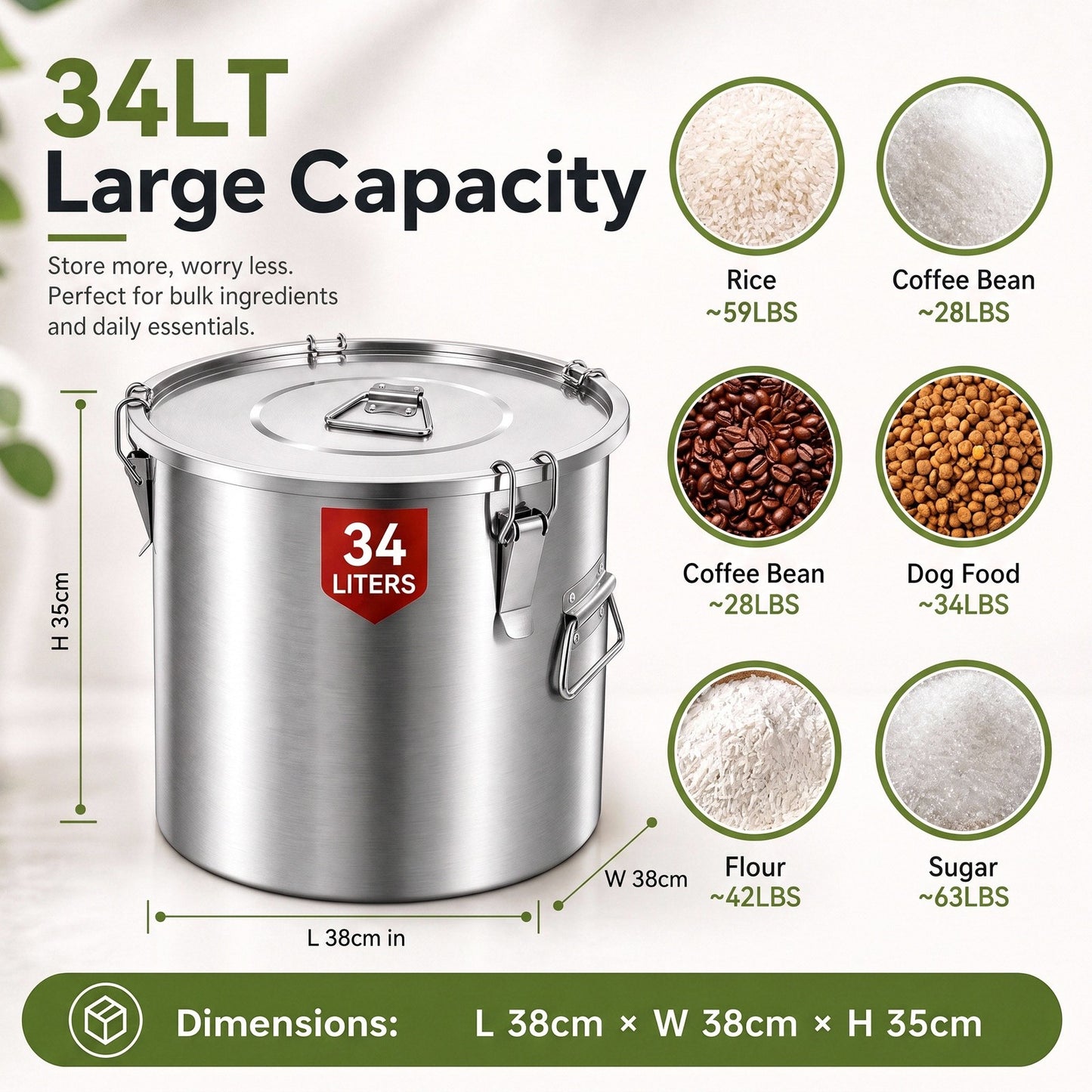 FOHERE 34 LT Stainless Steel Airtight Canister for Kitchen, Rice Food Storage Containers, 34‑50Lbs Metal Bucket Food Storage Container for Rice, Flour, Grain, Coffee
